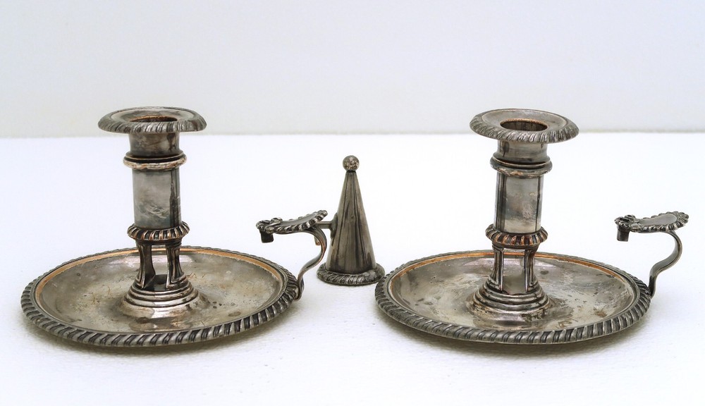 Pair Silver-plate Sheffield Chamber Stick Candle Holder with Snuff
