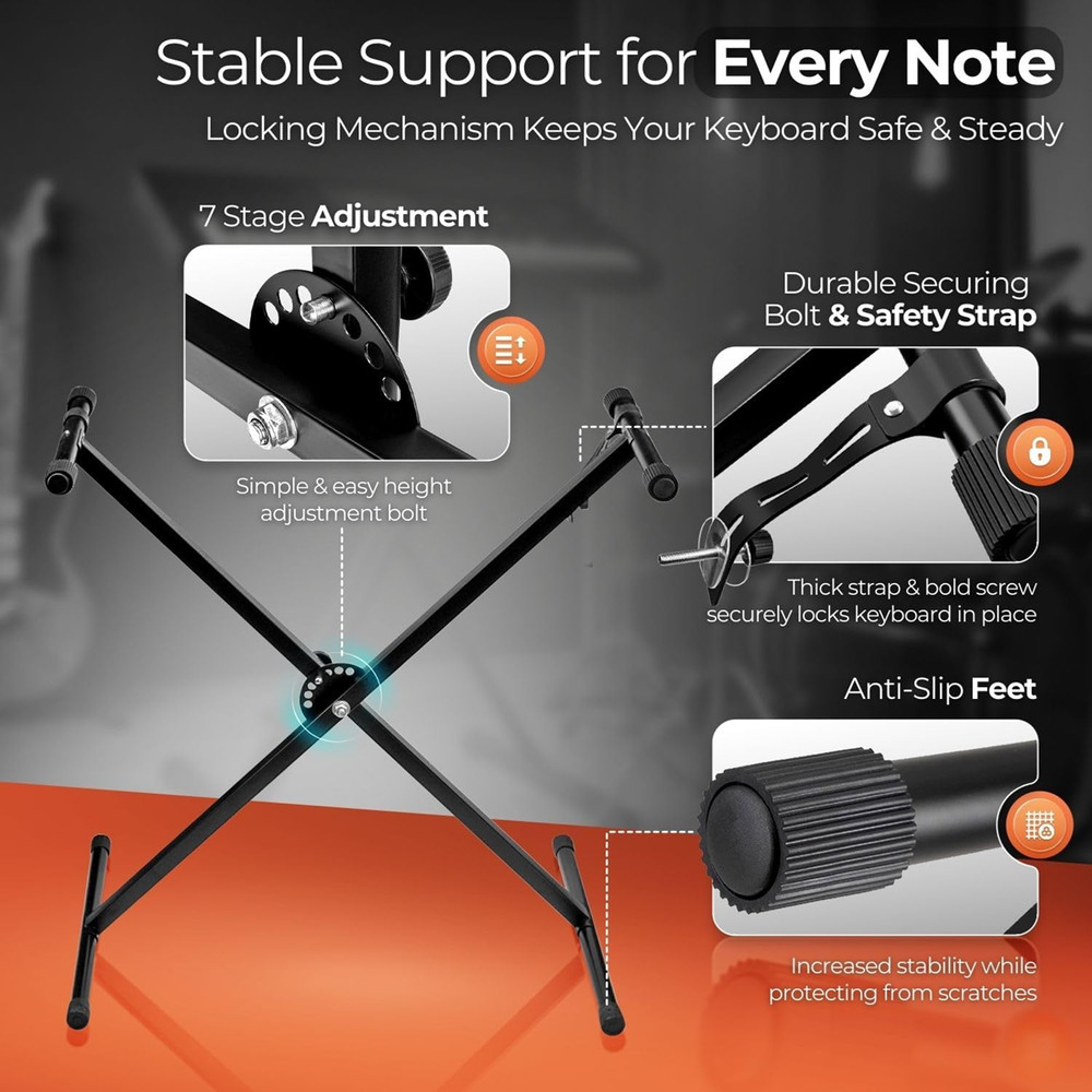 Sturdy Stand for Electronic Keyboard Tube X Type 7 Position Folding Adjust high