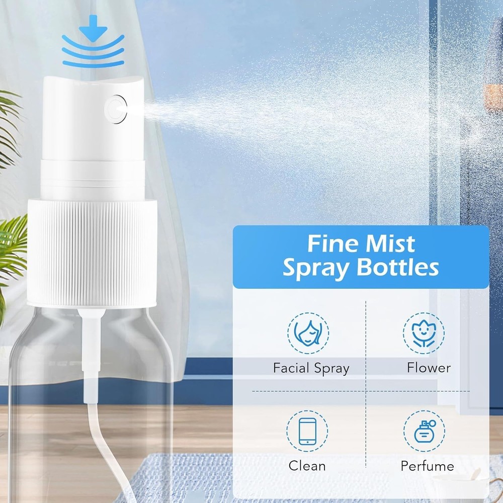Travel Spray Bottle Set, 1oz Clear Refillable Mist Containers with Funnels