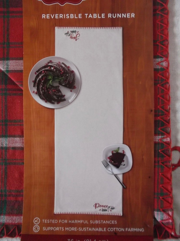 CHRISTMAS TABLE RUNNER - ST. NICHOLAS SQUARE REVERSIBLE PLAID PEACE & JOY - NWT