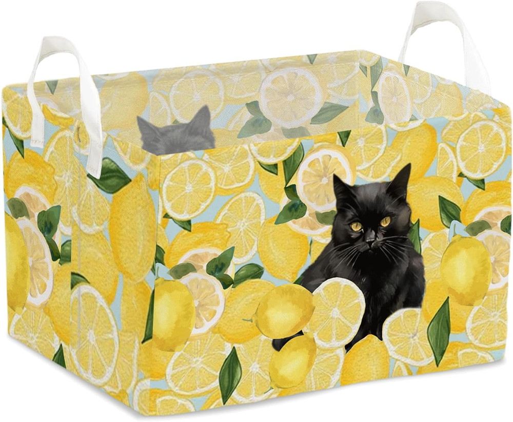 Black Cat Yellow Lemon Laundry Storage Basket, Waterproof Collapsible Hamper wit