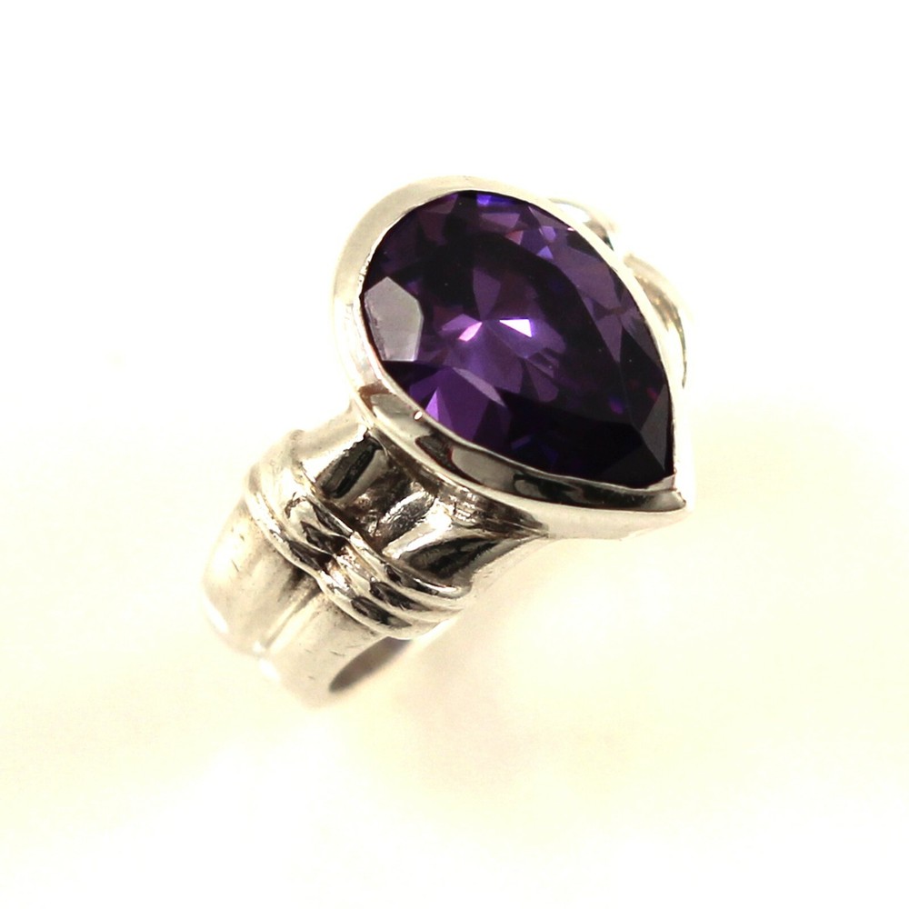 Solid Sterling Silver .925 Classic Pear Amethyst Solitaire Ring TPJ