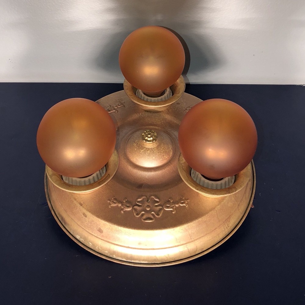 Single Antique yellow brass three bulb flush mount ceiling fixture 55A