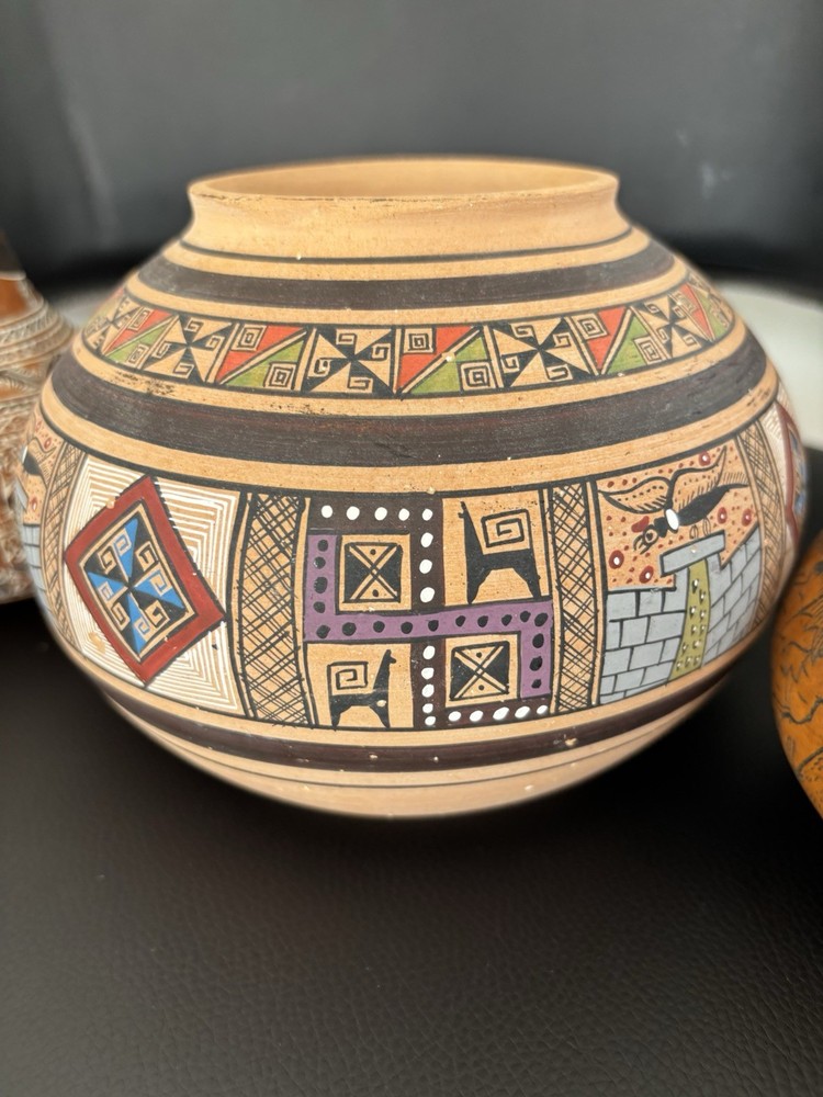 Peruvian Style Pottery & Etched Gourd Decor Bundle Signed Leoncio Veli