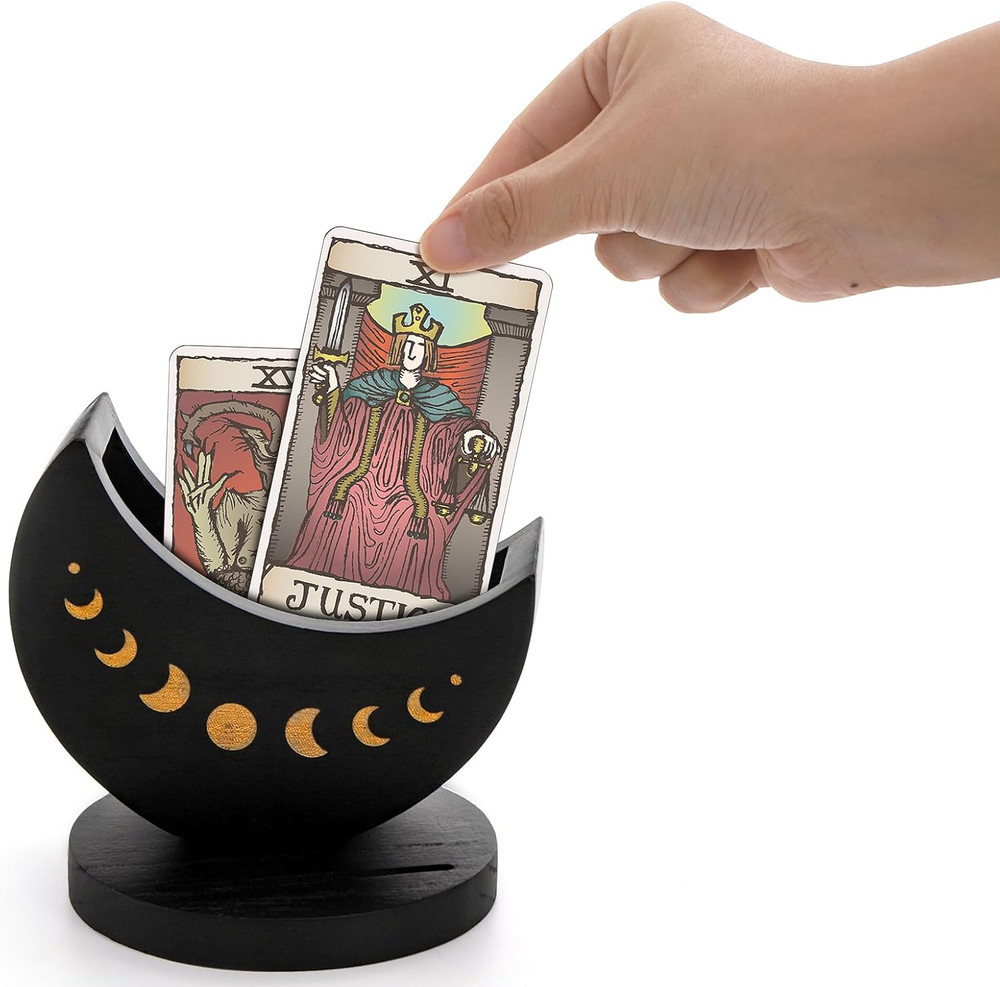 Tarot Deck Holder with Moon Shape Case, Wood Tarot Card Display Box Stand, Moon