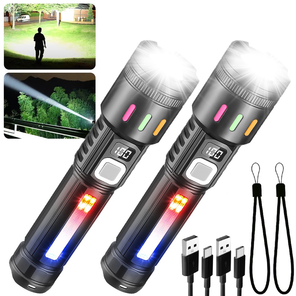 2x Super Bright LED Flashlight Rechargeable Tactical Flashlights LED Work Lights