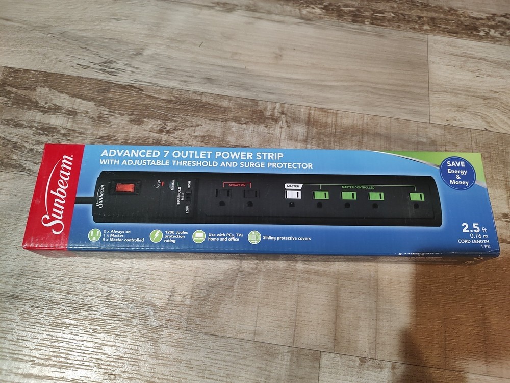 Sunbeam Advance 7 Outlet Power Strip Adjustable Threshold Surge Protector NEW