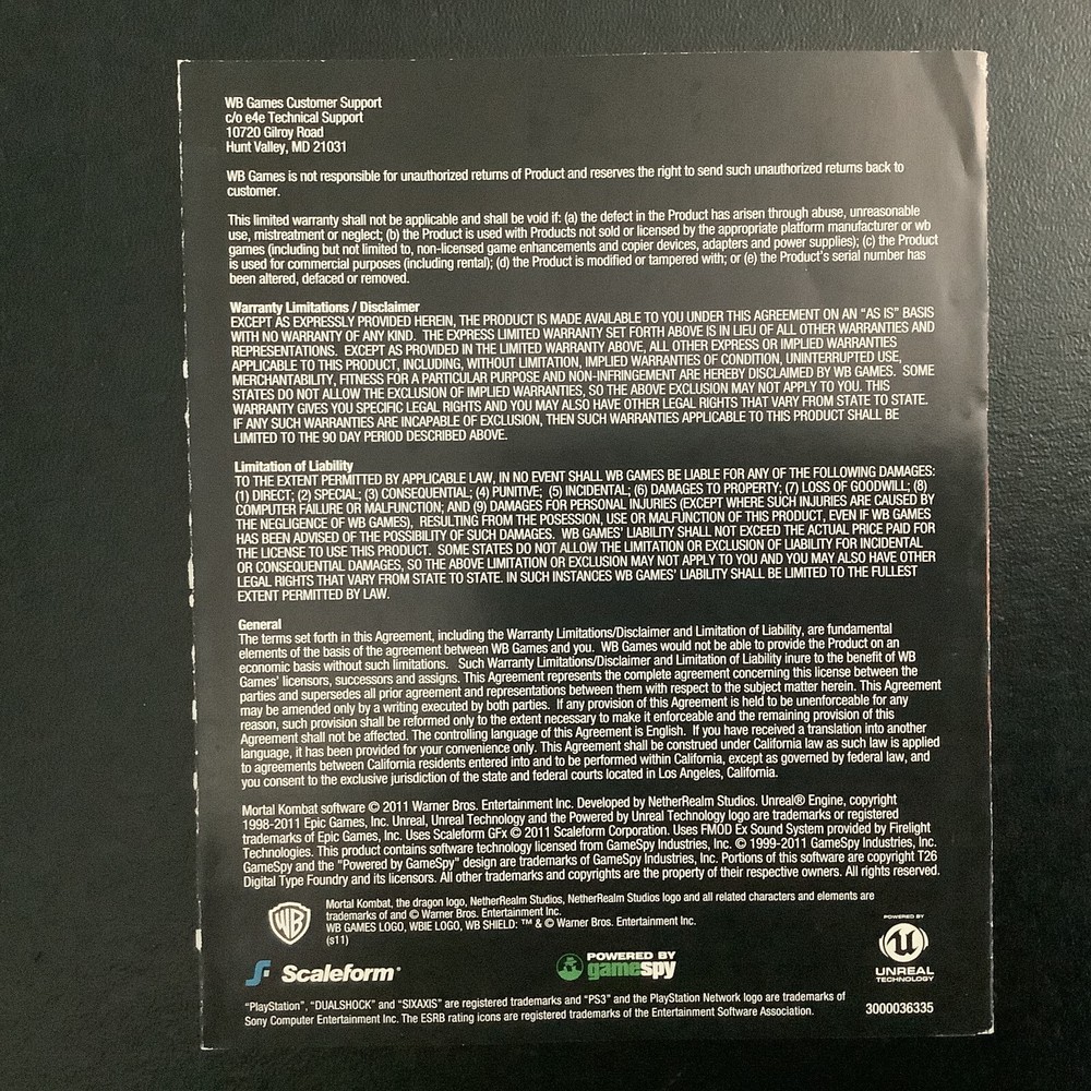 Mortal Kombat PS3 PlayStation 3 Instruction Manual Only