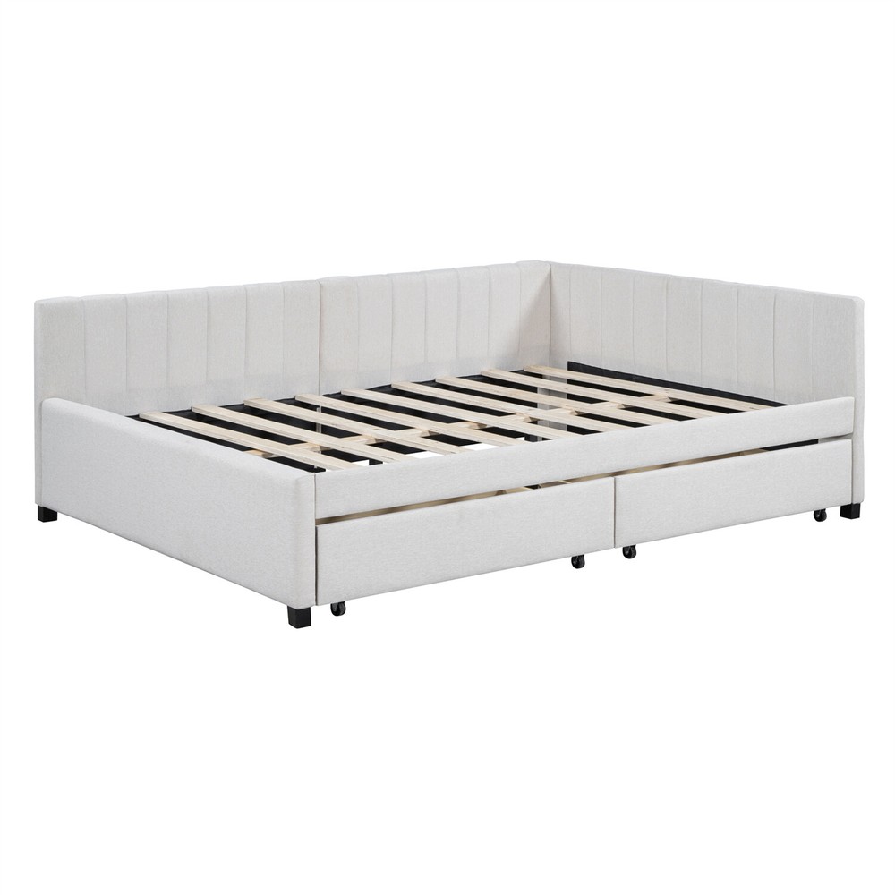 Full Size Daybed Upholstered Bed Frame Sofa Bed w/ 2 Storage Drawers Beige