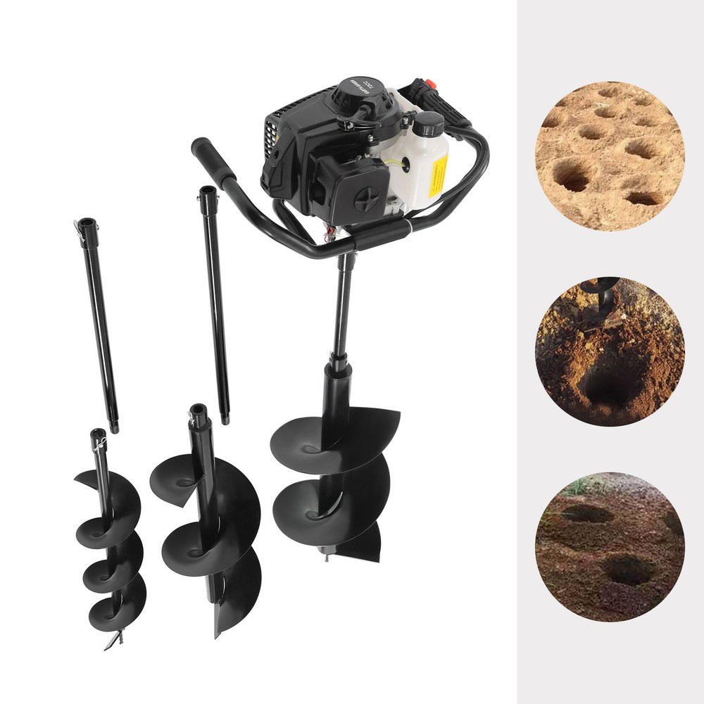 72cc 4.1HP Gas Powered Post Hole Digger with 3 Auger Drill Bits (6", 10", 12")