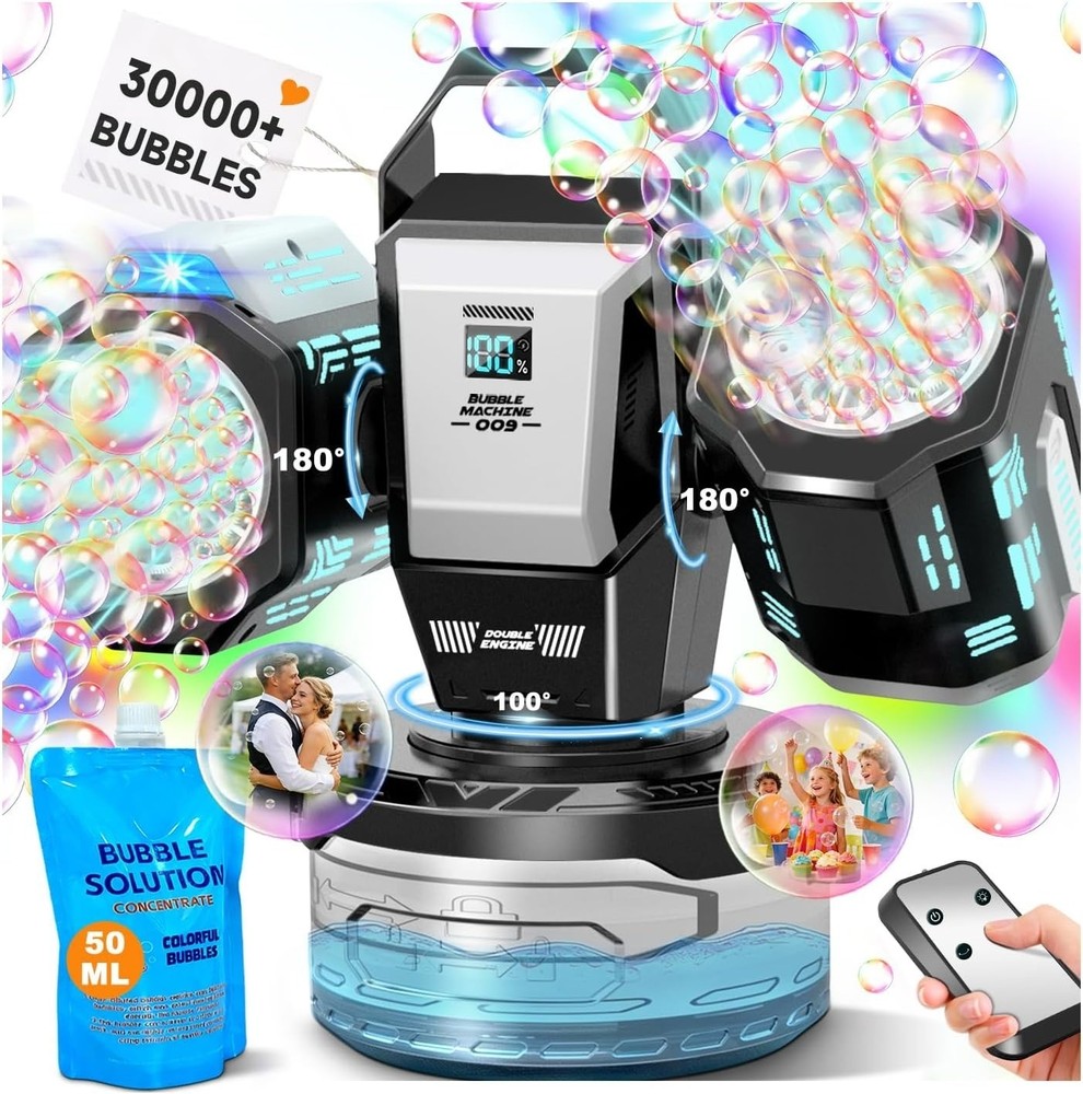 Upgraded bubble machine with remote control and automatic rotation RGB lights