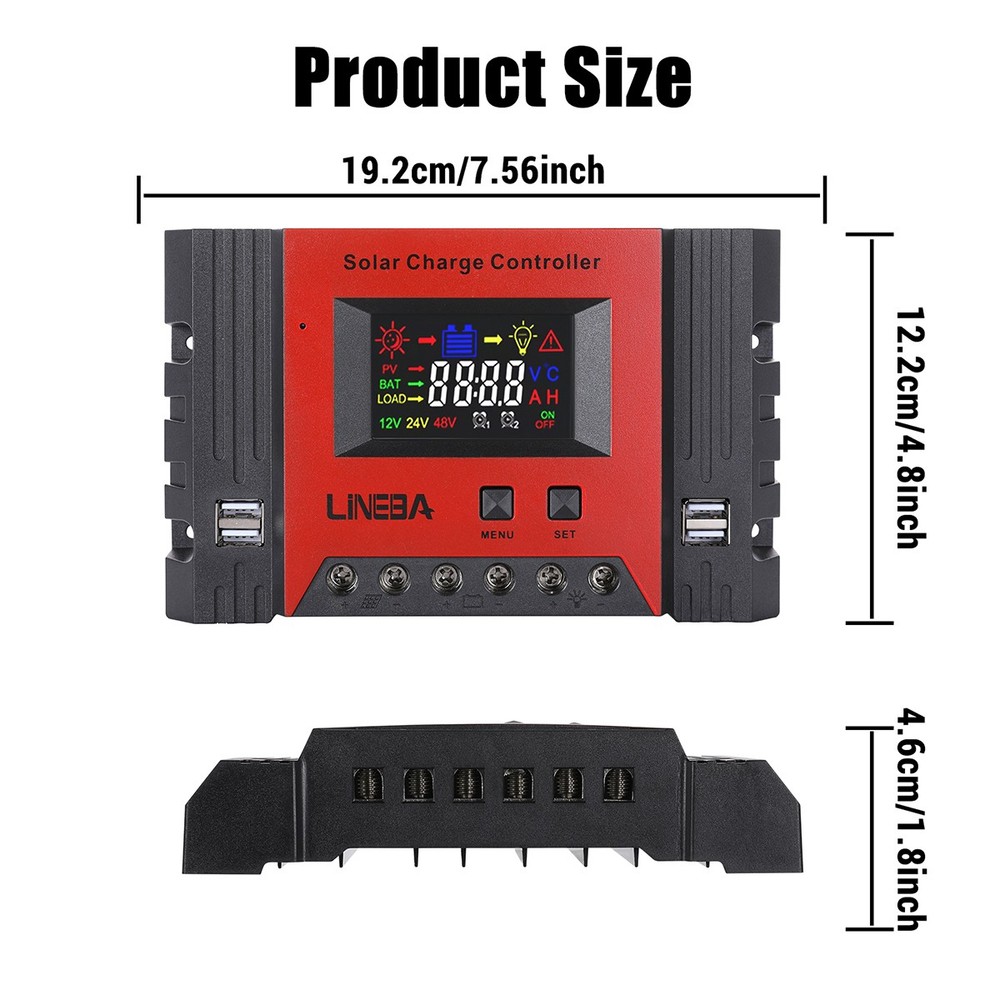 100A Solar Panel Battery Charge Controller 12V/24V/48V LCD Regulator Auto 4 USB