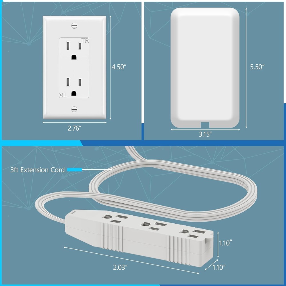 LIDER Flat-Face Outlet Extender with 3 Receptacles, Ultra-Thin 2 Pack, White