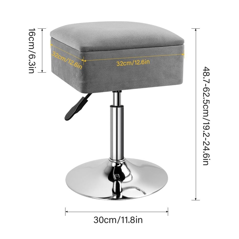Adjustable Vanity Stool with Storage Velvet 360° Swivel Makeup Stool Small Ot...