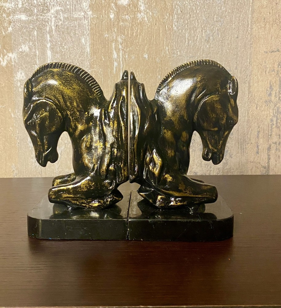 Pair Brass and Marble Horse Bookends