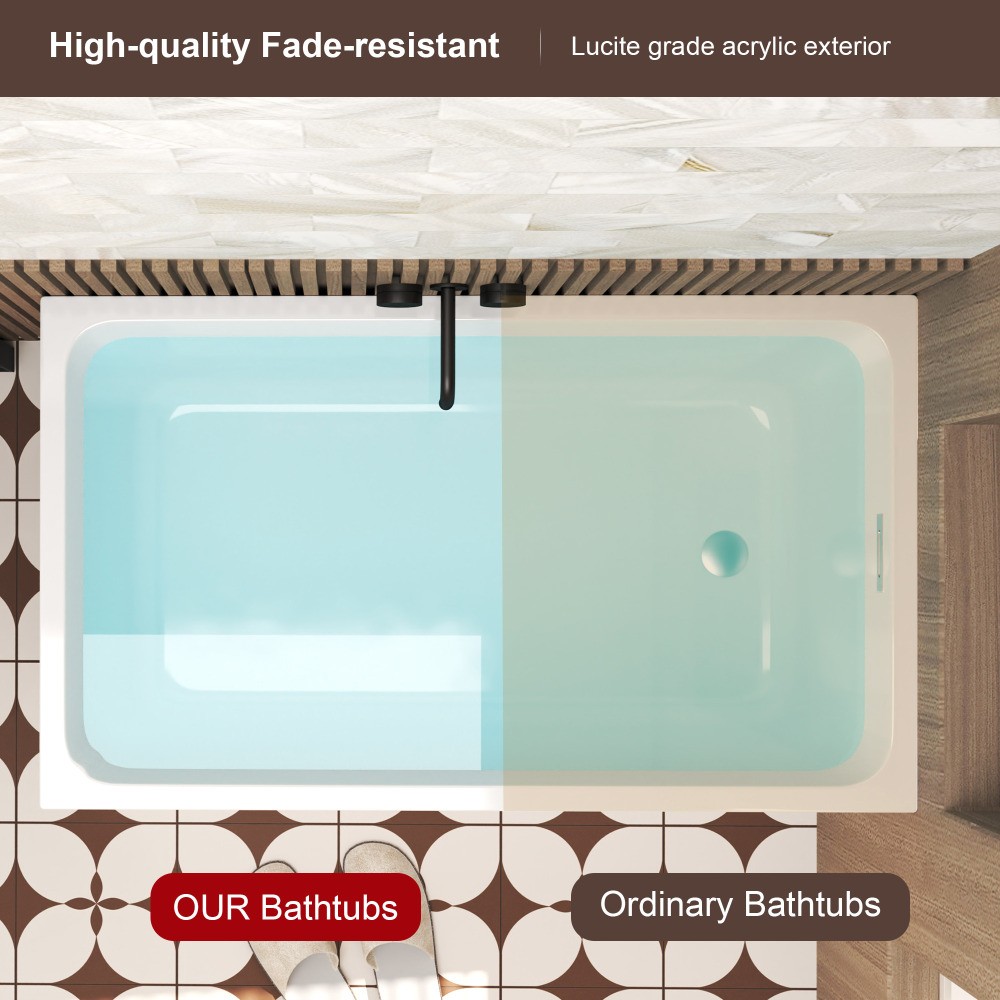 White Rectangular 47x28-inch Acrylic Soaking Tub, Chrome Drain, Easy Clean
