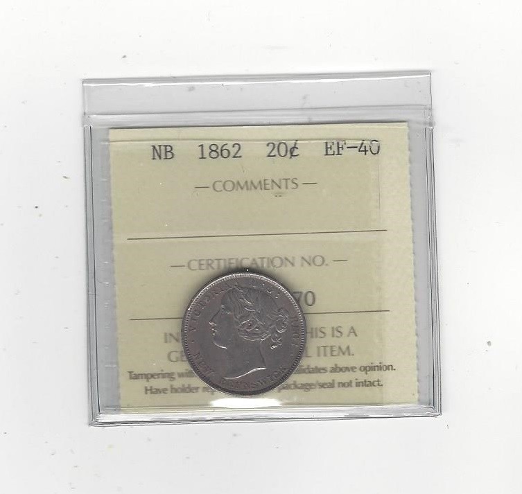 1862  ICCS Graded New Brunswick, Twenty Cent, **EF-40**