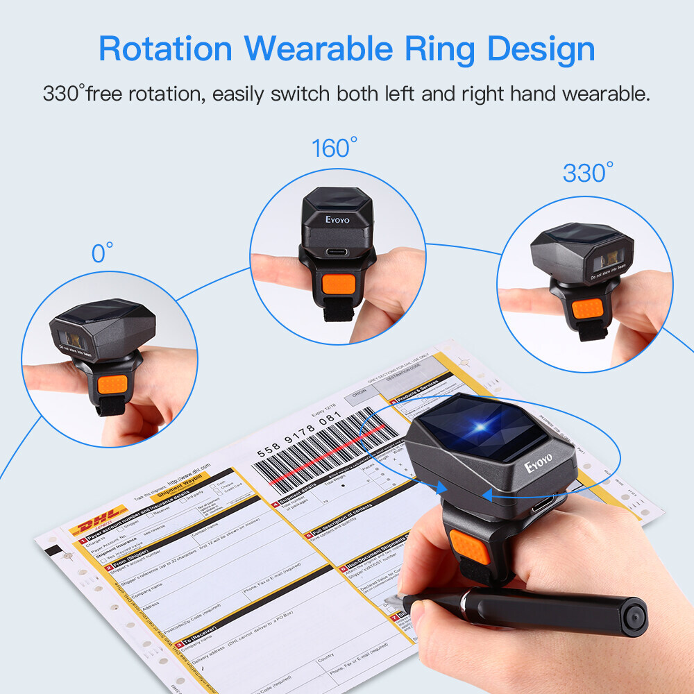 Eyoyo 1D Laser Barcode Scanner Wireless Wearable Finger Ring PC Scanner Reader