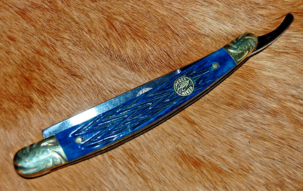 Ocoee River Blue Bone Handle Straight Razor Folding Knife - NEW