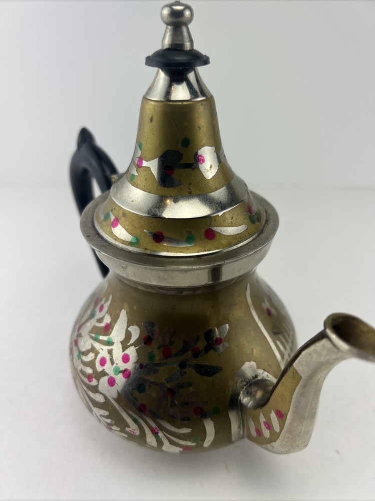 Vintage Ornate Small Middle Eastern Brass & Silver Tea Pot