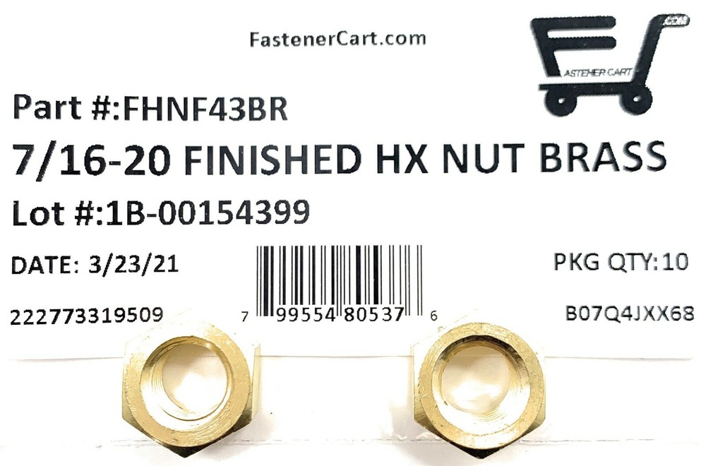 (10) 7/16-20 Brass Finished Hex Nuts - Fine Thread - Solid Brass (10 Pieces)