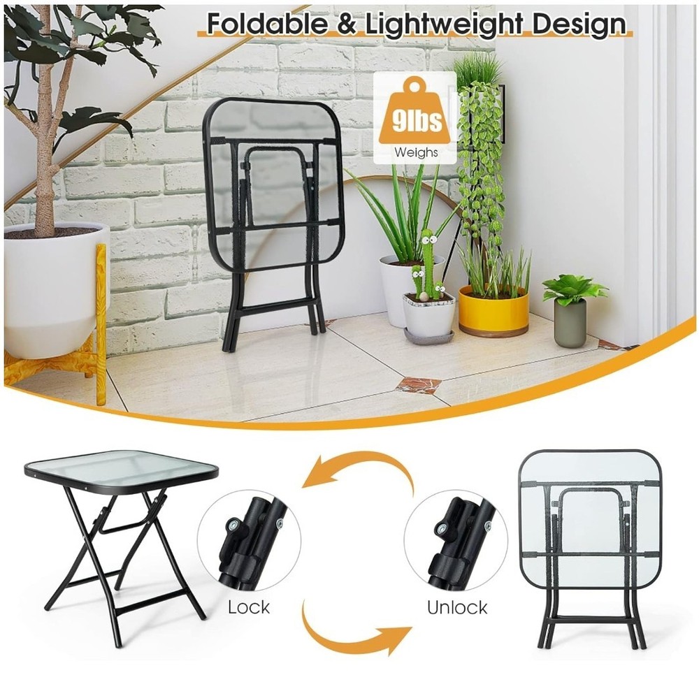 Folding Side Table, Square Small Patio Table,Tempered Glass Tabletop,Steel Frame
