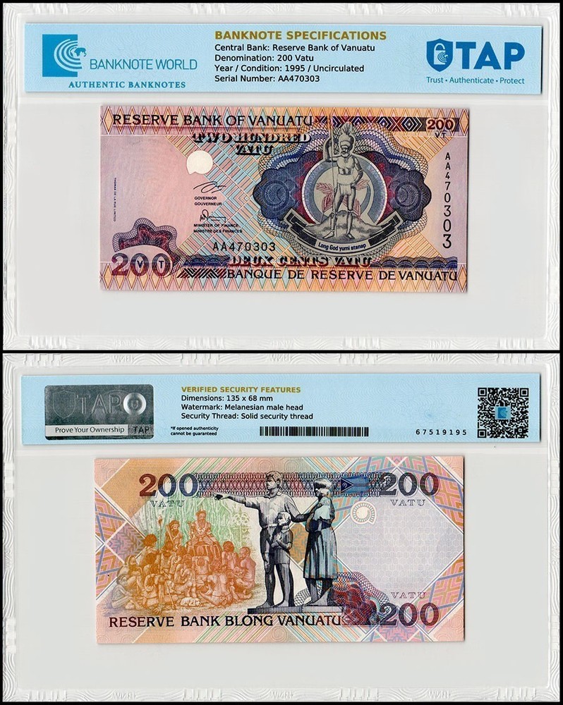 Vanuatu 200 Vatu, 1995 ND, P-8a, UNC, TAP Authenticated