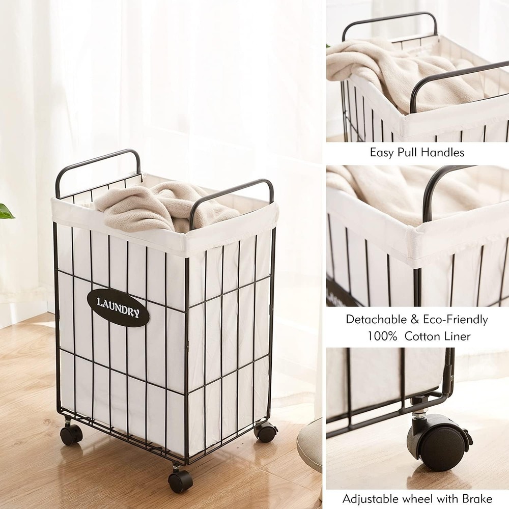 Iron Wire Laundry Hamper With Rolling Lockable Wheels, Folding Storage Basket...