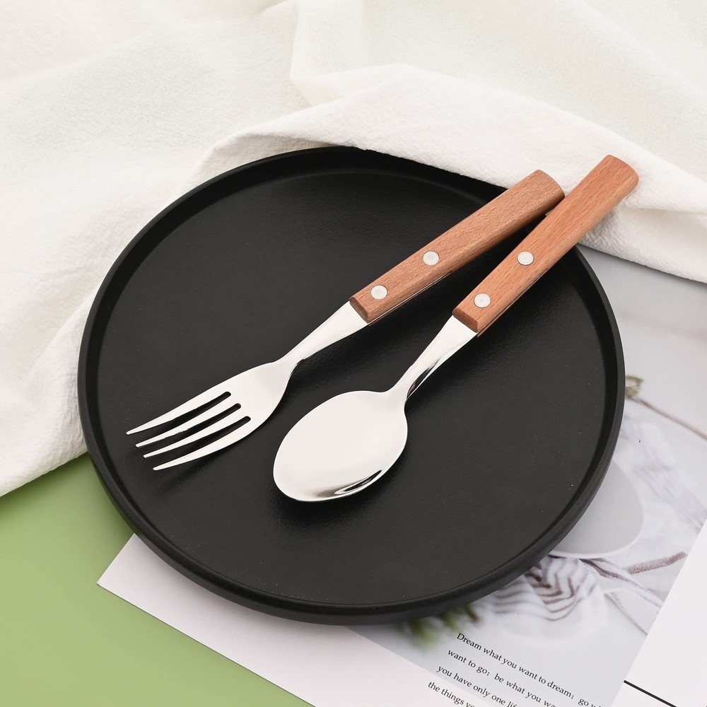 Silver Flatware Set with Natural Wood Handle, 24 PCS Silverware Set for 6, Pr...