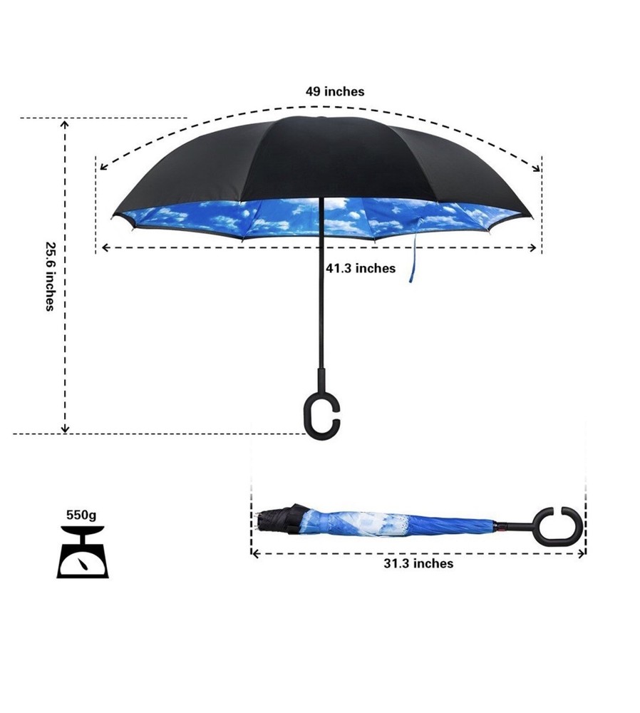 Purple/White Polka Dot & Black Double Layer Reverse Umbrellas - C Shaped Handle
