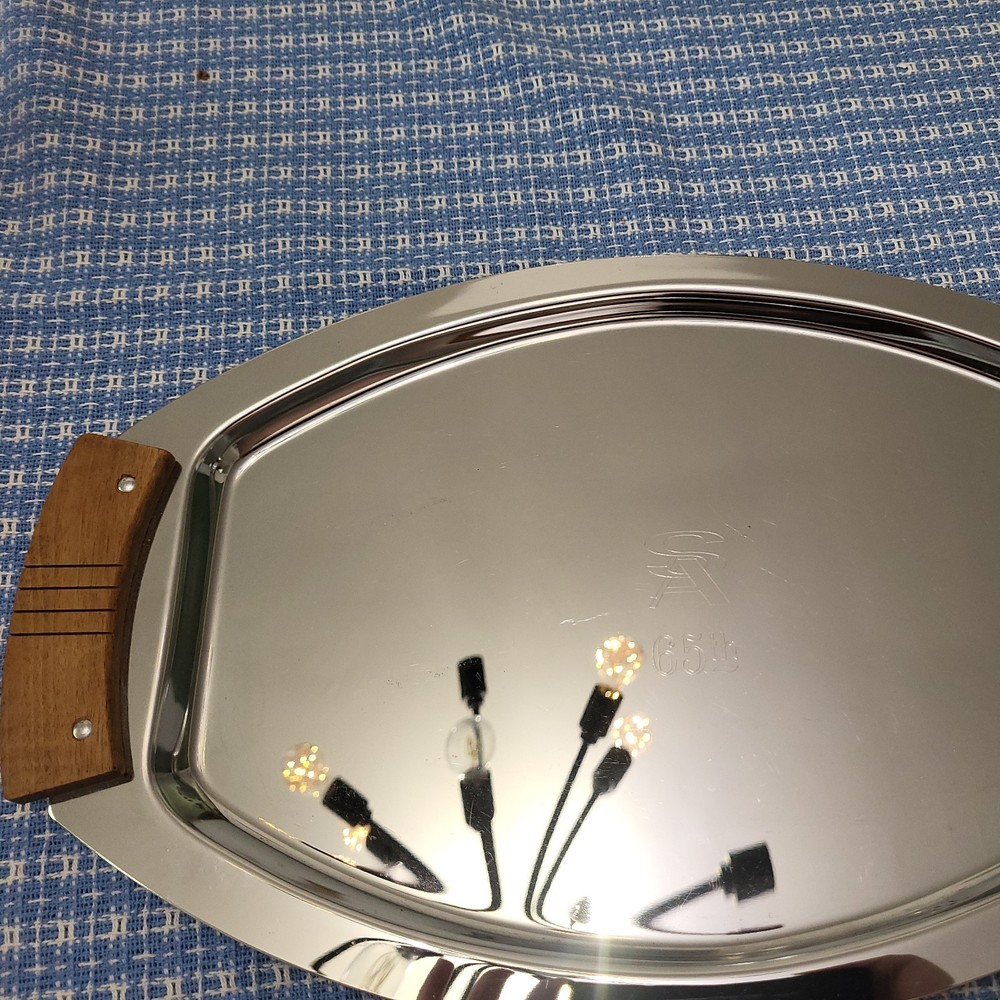 VTG MCM Stainless Kromax Tray w/Teak Handle Mid Century Modern Oval Rectangular