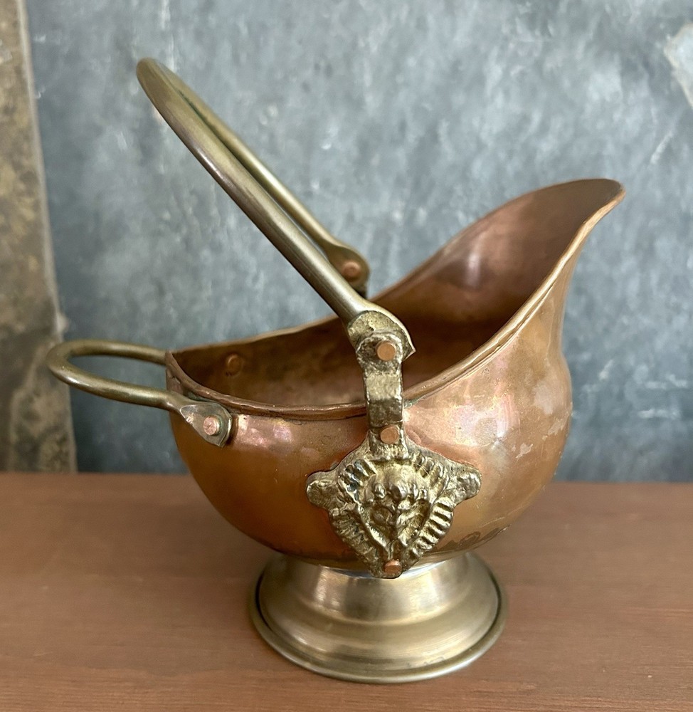 Copper & Brass Mini Coal Ash Scuttle 5" Match Holder Swing Handle Vintage