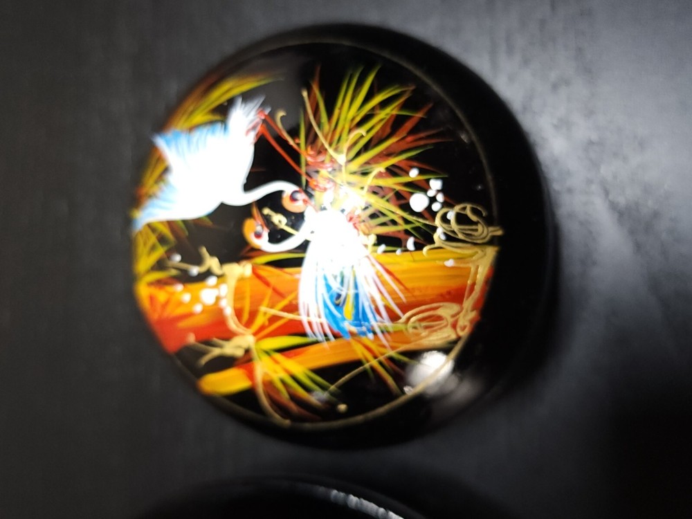 Painted Enamel STORKS ON THREE NESTING TRINKET BOXES Asian Lacquerware VIETNAM