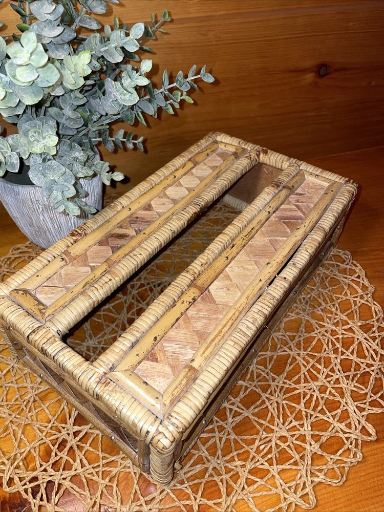 Vintage Tissue Box Cover Holder Bamboo Rattan Wicker Coastal Boho Rectangular