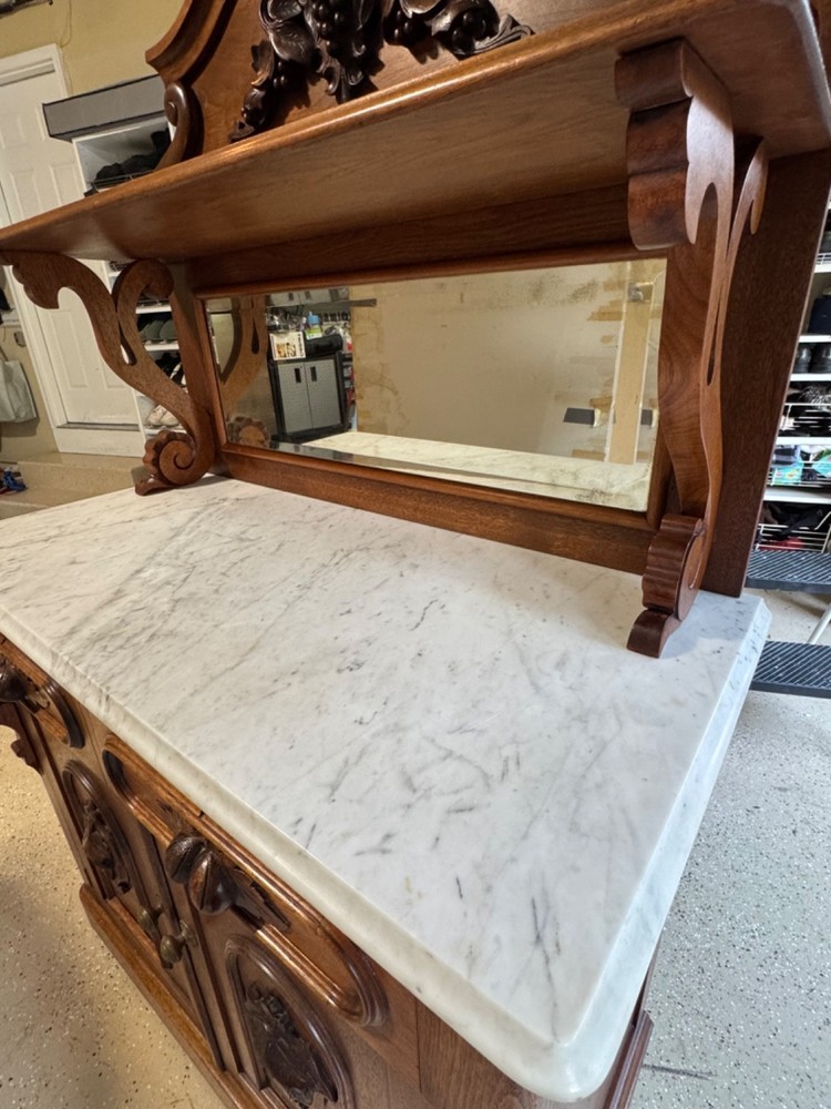 Antique Marble Top Victorian Walnut Carved Server Sideboard Buffet Cupboard