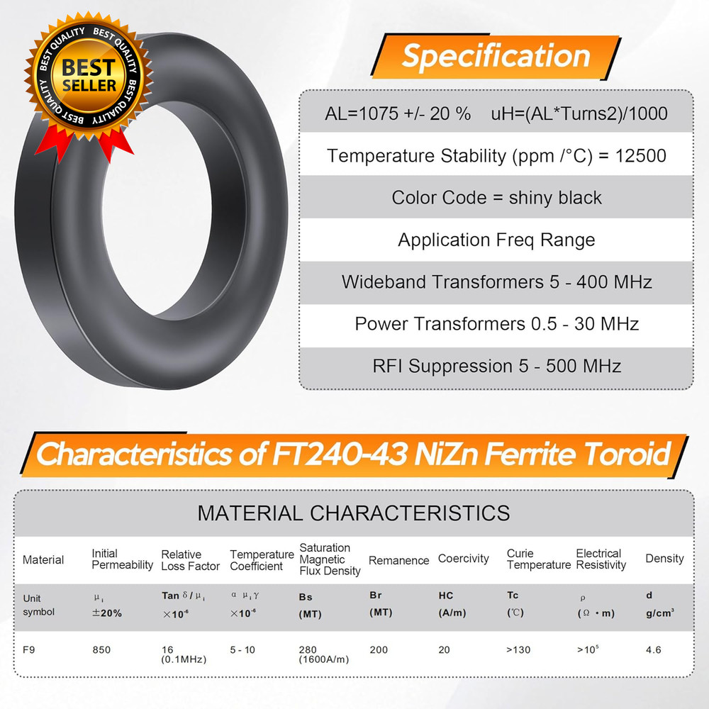 2 Pack Toroid Ferrite Core Compatible with FT240-43 Ferrite Ring