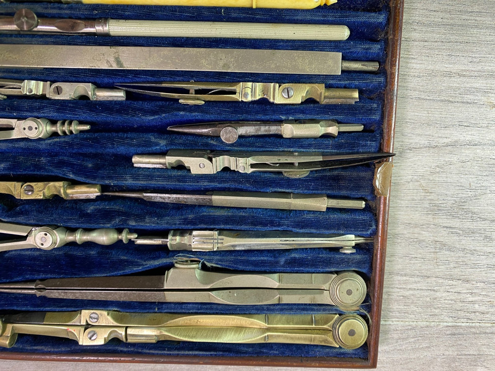 Vintage Engineering Draughtsman Set Technical Drawing Instruments Wooden Case
