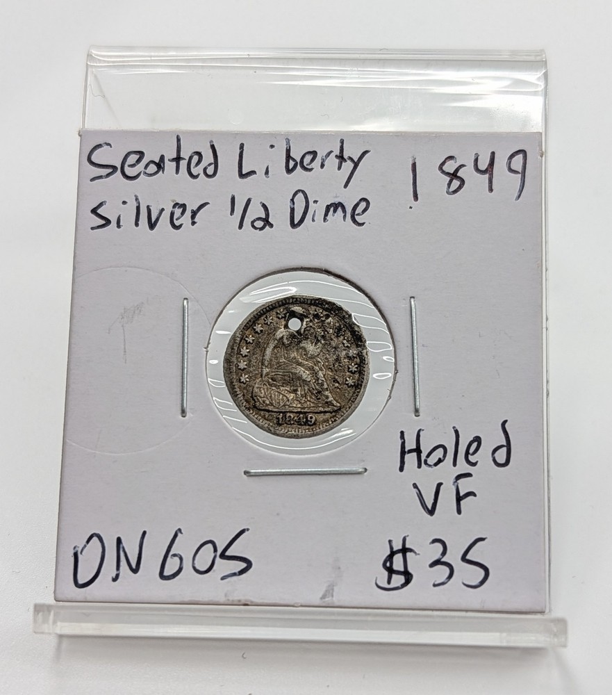 1849- US Seated Liberty Silver Half Dime- Holed VF