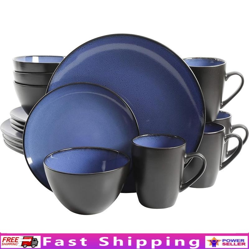 16pc Gibson Soho Lounge Round Reactive Glaze Stoneware Dinnerware Set Gift Blue