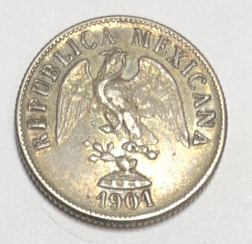 1901-Cn Q Mexico 20 Centavos Second Republic Silver Clean Fields Luster