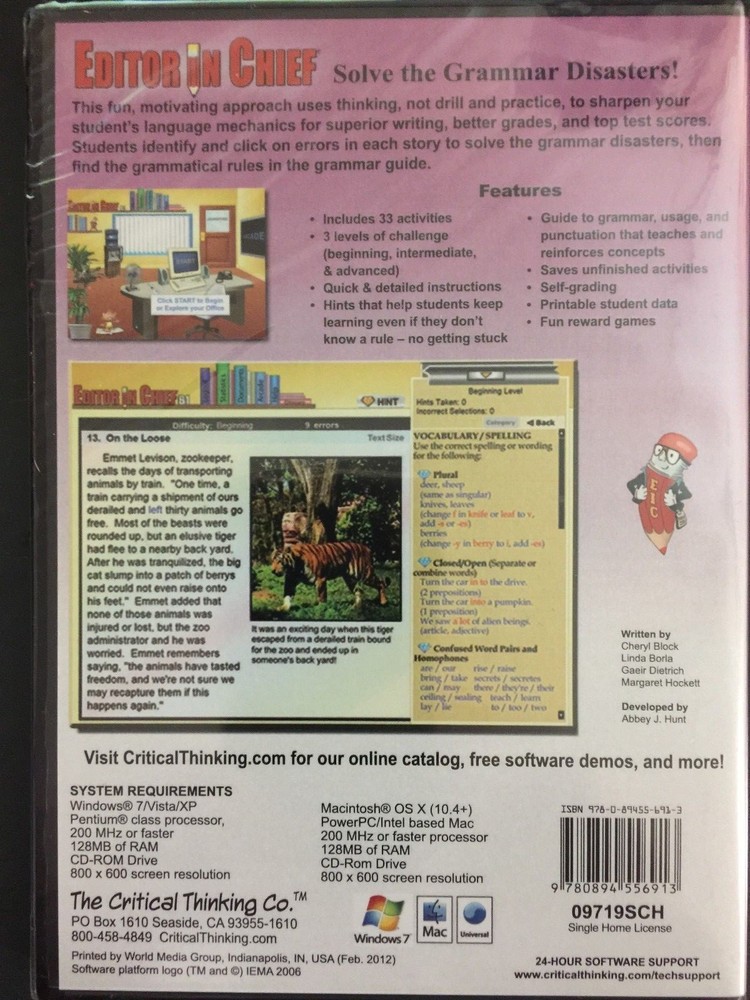 Editor in Chief: B1, Grades 6-8 WINDOWS 7-MAC CD-ROM Critical Thinking Co.