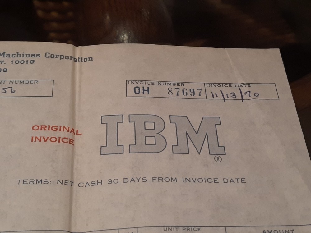 Vintage 1970 IBM Original Invoice Receipt