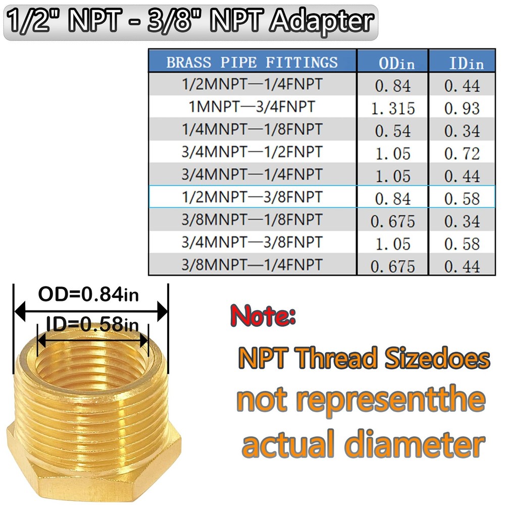 YOUHO 1/2 to 3/8 reducer Brass Threaded Pipe Fitting 3/8,