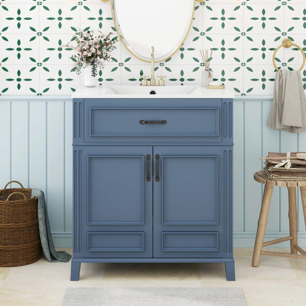 30'' Bathroom Vanity with Ceramic Sink,Solid Wood Frame Bathroom Storage Cabinet