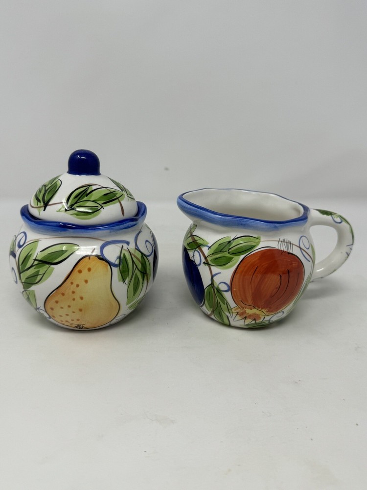 capriware Covered Sugar Bowl & Creamer Fruit Design w/ Cobalt Blue Trim EUC HTF