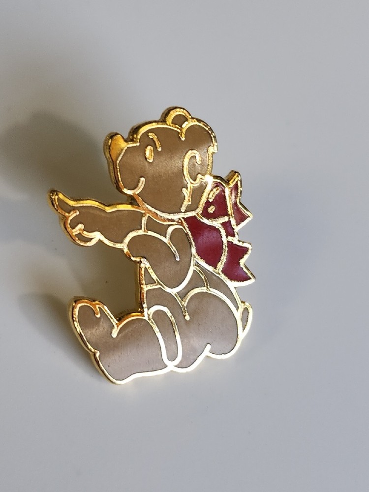 Teddy Bear Lapel Pin Red Ribbon