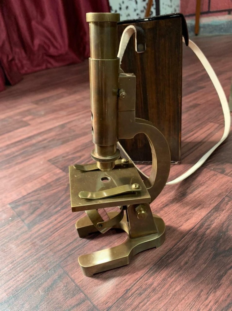 Antique Brass Microscope Student Microscope 7" Monocular Type With Leather Cover