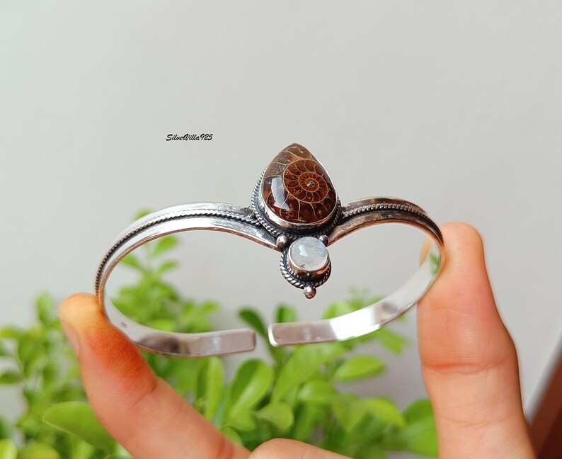 Ammonite Fossil Moonstone Solid 925 Sterling Silver Adjustable Cuff Bangle M1855