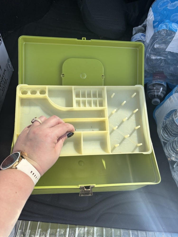 Green Beige Plastic Spool Bobbin Storage Box with Compartments and Handle