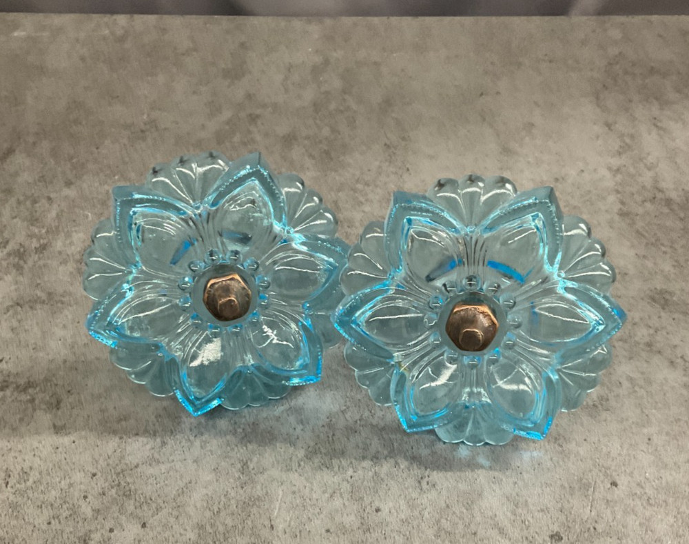 Vintage decorative glass curtain pull backs, blue floral